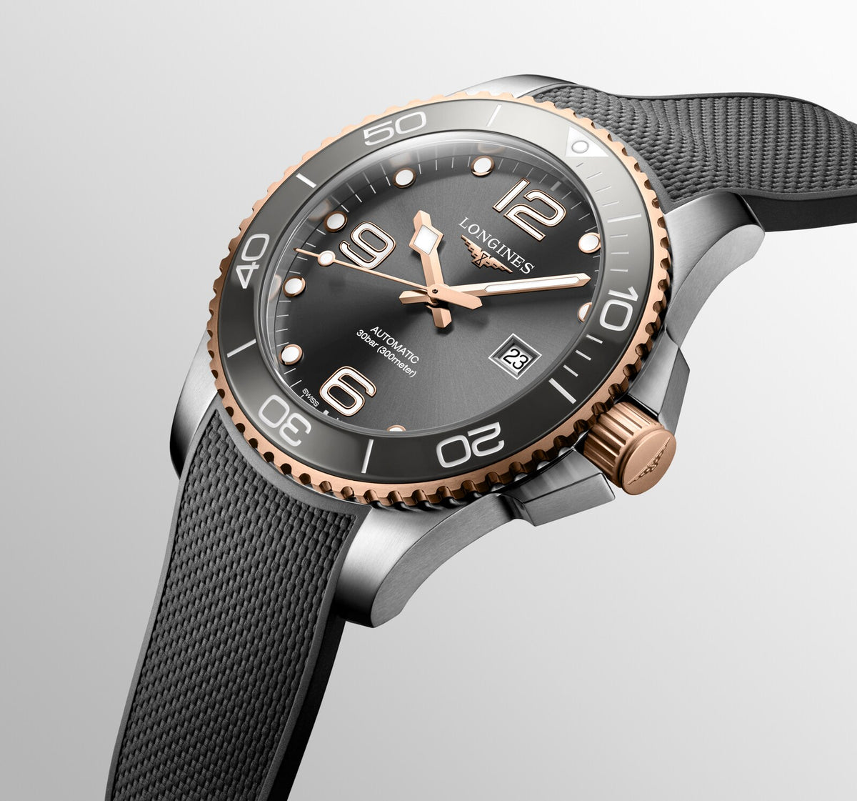 [SIMCHA-OFFICIAL-GALLERY:L3.782.3.78.9:08] Longines HydroConquest 43.00mm Automatic Sunray grey Dial Grey Rubber Strap Watch — official gallery view 8