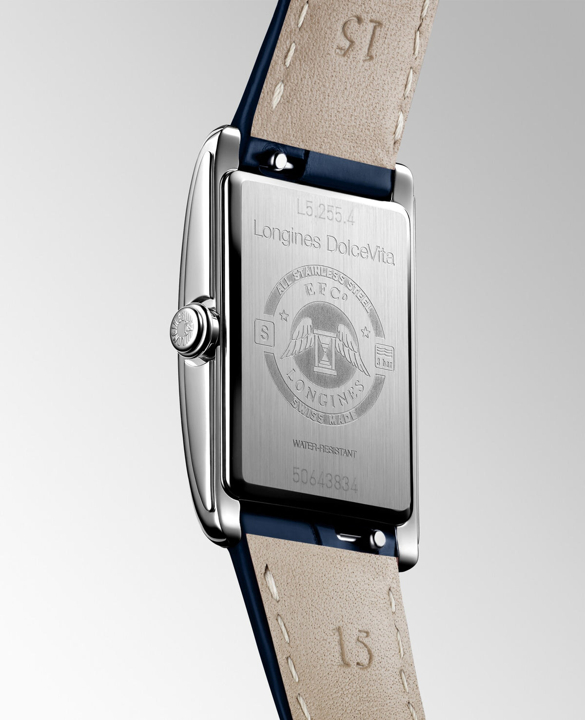 [SIMCHA-OFFICIAL-GALLERY:L5.255.4.70.2:05] Longines DolceVita 20.80 x 32.00mm Quartz Silver "flinqué" Dial Midnight Blue Alligator Strap Watch — official gallery view 5