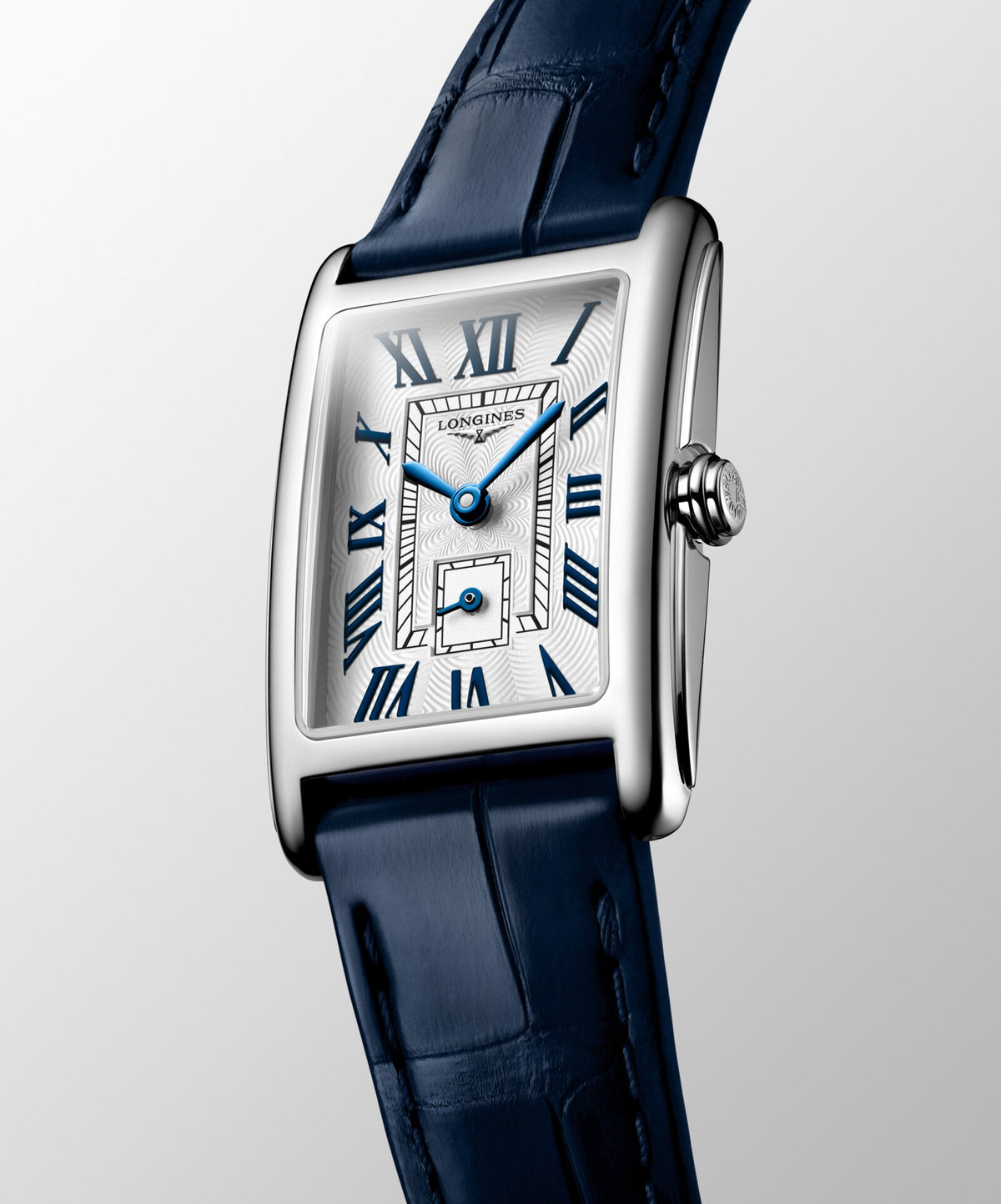 [SIMCHA-OFFICIAL-GALLERY:L5.255.4.70.2:04] Longines DolceVita 20.80 x 32.00mm Quartz Silver "flinqué" Dial Midnight Blue Alligator Strap Watch — official gallery view 4