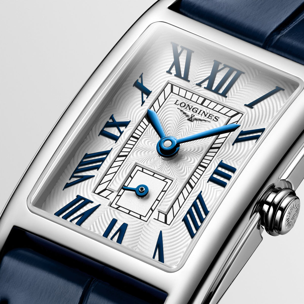 [SIMCHA-OFFICIAL-GALLERY:L5.255.4.70.2:02] Longines DolceVita 20.80 x 32.00mm Quartz Silver "flinqué" Dial Midnight Blue Alligator Strap Watch — official gallery view 2