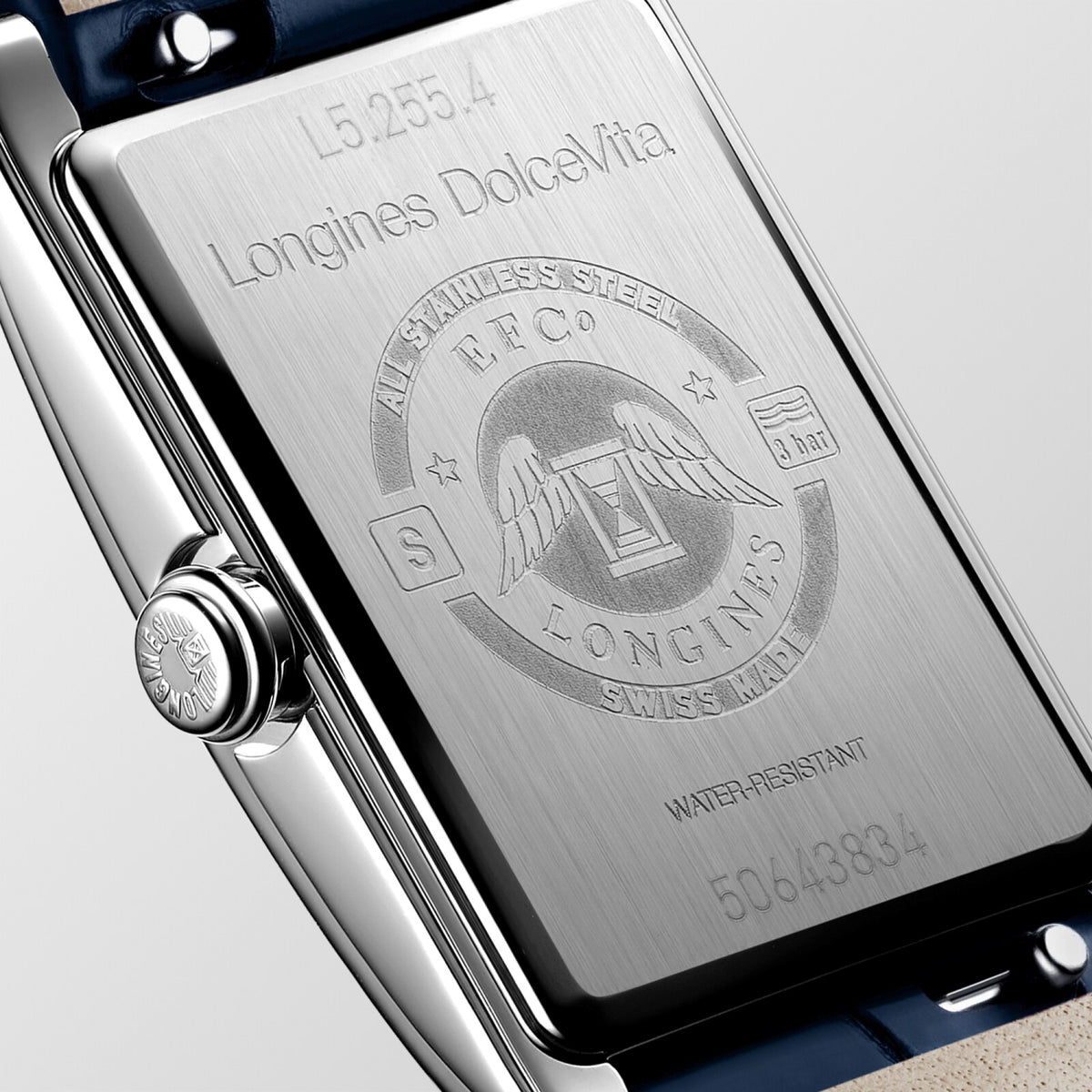 [SIMCHA-OFFICIAL-GALLERY:L5.255.4.70.2:03] Longines DolceVita 20.80 x 32.00mm Quartz Silver "flinqué" Dial Midnight Blue Alligator Strap Watch — official gallery view 3