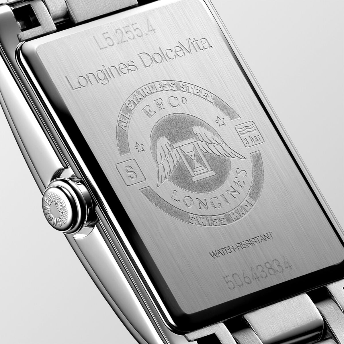 [SIMCHA-OFFICIAL-GALLERY:L5.255.4.70.6:03] Longines DolceVita 20.80 x 32.00mm Quartz Silver "flinqué" Dial Stainless Steel Bracelet Watch — official gallery view 3