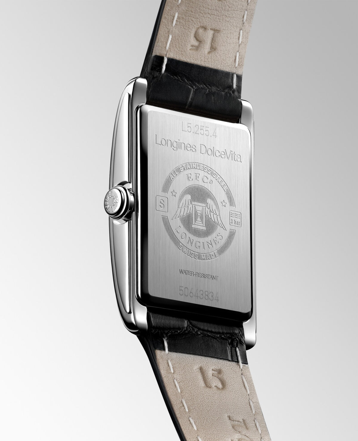 [SIMCHA-OFFICIAL-GALLERY:L5.255.4.71.0:07] Longines DolceVita 20.80 x 32.00mm Quartz Silver "flinqué" Dial Black Alligator Strap Watch — official gallery view 7