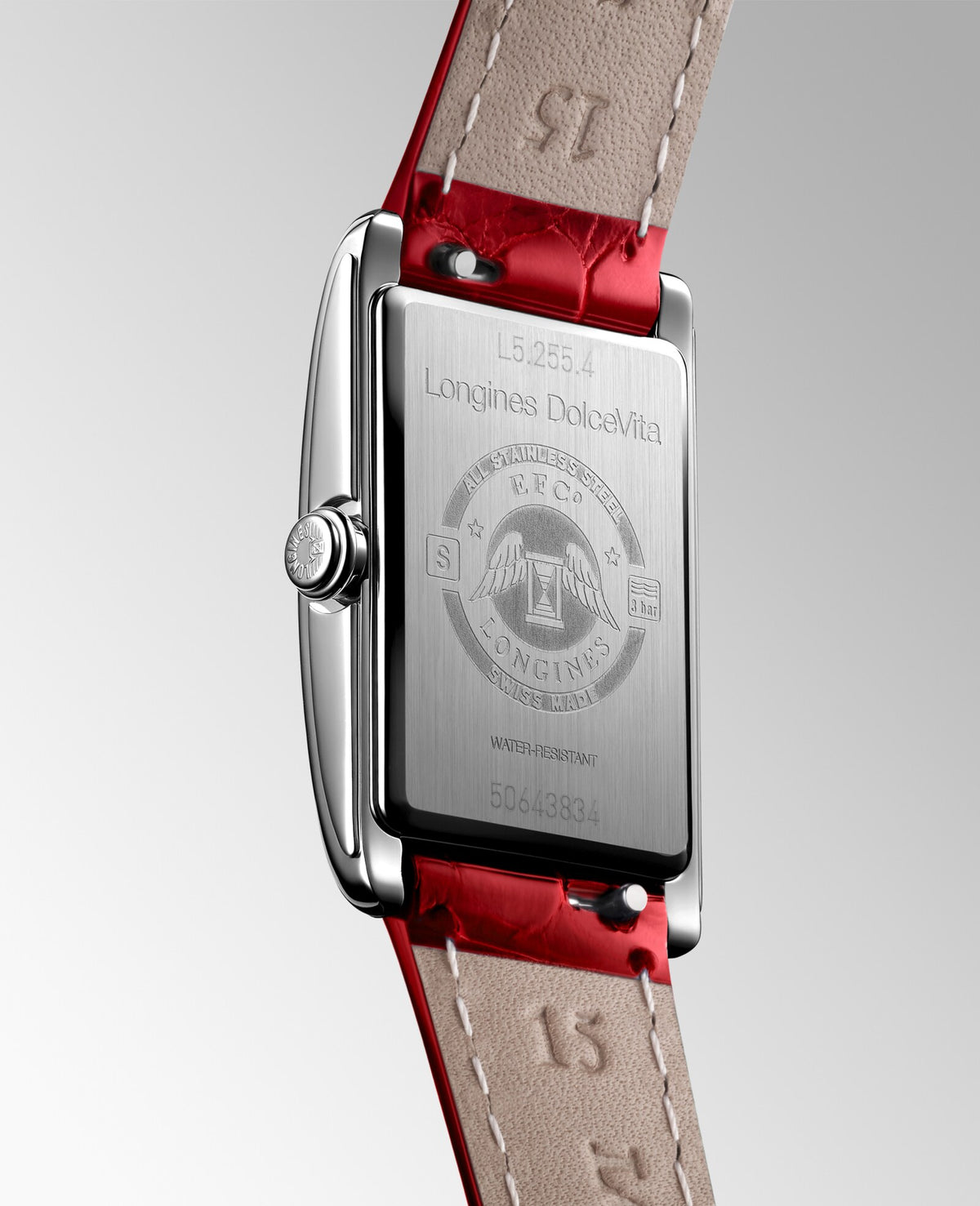 [SIMCHA-OFFICIAL-GALLERY:L5.255.4.71.5:06] Longines DolceVita 20.80 x 32.00mm Quartz Silver "flinqué" Dial Red Alligator Strap Watch — official gallery view 6