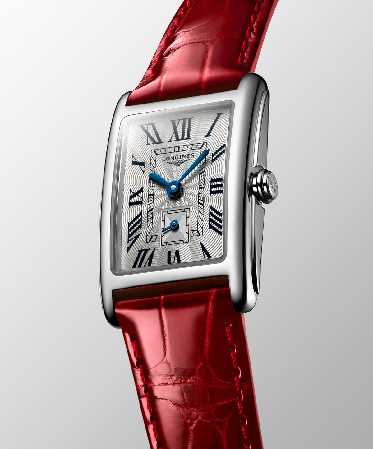 [SIMCHA-OFFICIAL-GALLERY:L5.255.4.71.5:04] Longines DolceVita 20.80 x 32.00mm Quartz Silver "flinqué" Dial Red Alligator Strap Watch — official gallery view 4