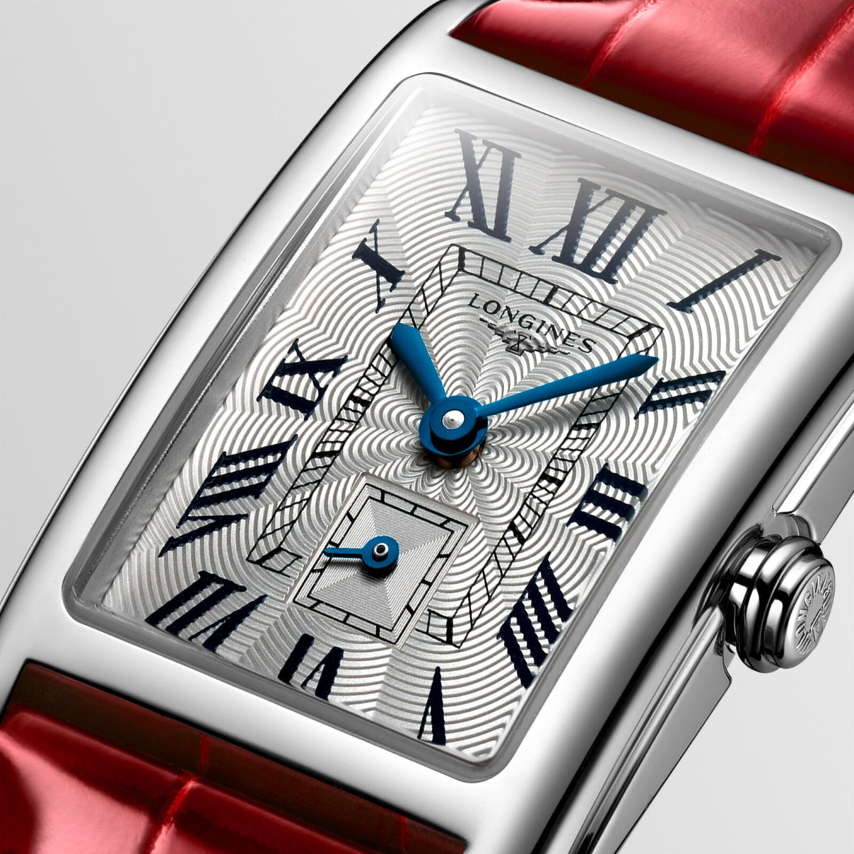 [SIMCHA-OFFICIAL-GALLERY:L5.255.4.71.5:02] Longines DolceVita 20.80 x 32.00mm Quartz Silver "flinqué" Dial Red Alligator Strap Watch — official gallery view 2