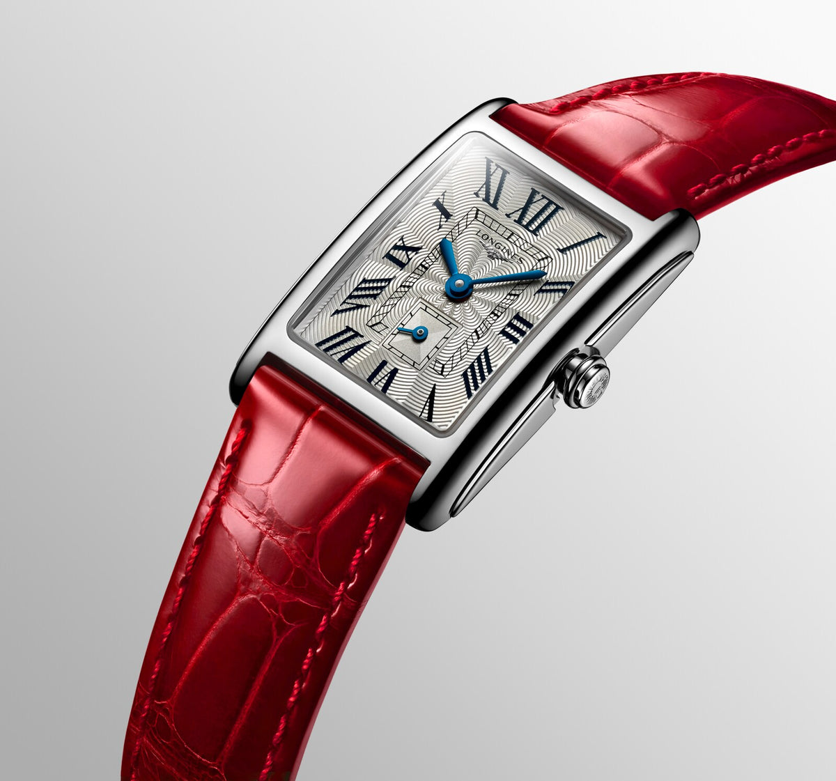 [SIMCHA-OFFICIAL-GALLERY:L5.255.4.71.5:07] Longines DolceVita 20.80 x 32.00mm Quartz Silver "flinqué" Dial Red Alligator Strap Watch — official gallery view 7
