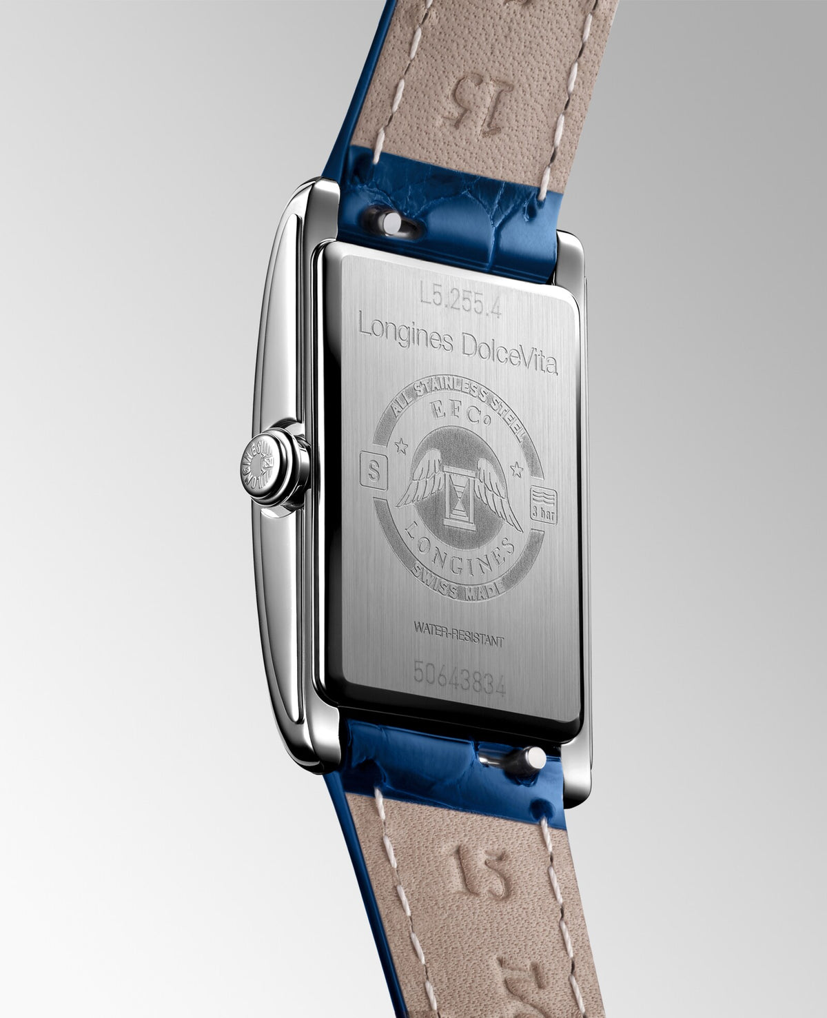 [SIMCHA-OFFICIAL-GALLERY:L5.255.4.71.7:04] Longines DolceVita 20.80 x 32.00mm Quartz Silver "flinqué" Dial Blue Alligator Strap Watch — official gallery view 4