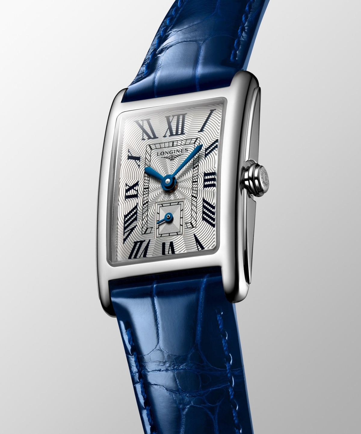 [SIMCHA-OFFICIAL-GALLERY:L5.255.4.71.7:03] Longines DolceVita 20.80 x 32.00mm Quartz Silver "flinqué" Dial Blue Alligator Strap Watch — official gallery view 3