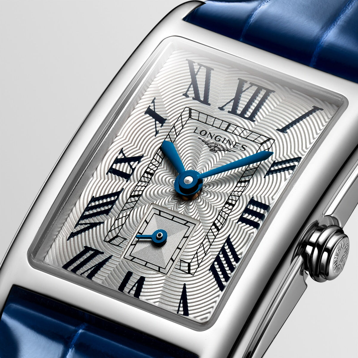 [SIMCHA-OFFICIAL-GALLERY:L5.255.4.71.7:02] Longines DolceVita 20.80 x 32.00mm Quartz Silver "flinqué" Dial Blue Alligator Strap Watch — official gallery view 2