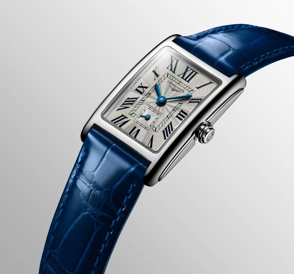 [SIMCHA-OFFICIAL-GALLERY:L5.255.4.71.7:05] Longines DolceVita 20.80 x 32.00mm Quartz Silver "flinqué" Dial Blue Alligator Strap Watch — official gallery view 5