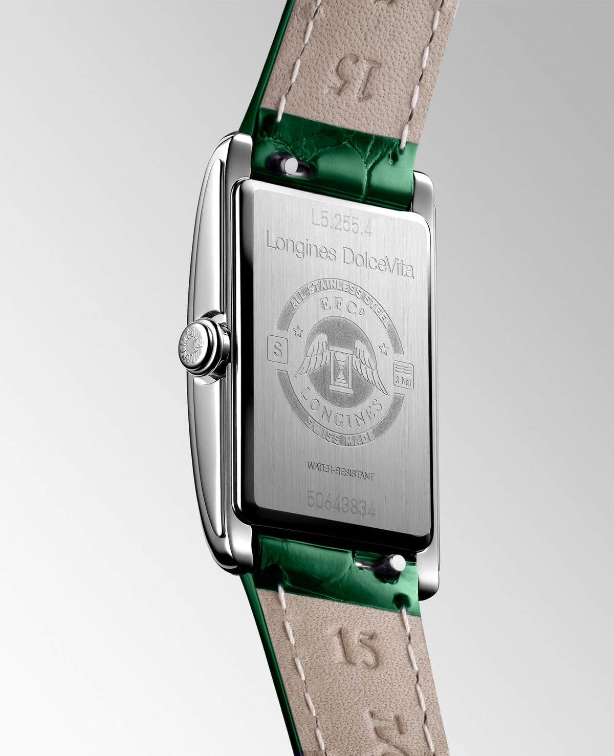 [SIMCHA-OFFICIAL-GALLERY:L5.255.4.71.A:06] Longines DolceVita 20.80 x 32.00mm Quartz Silver "flinqué" Dial Green Alligator Strap Watch — official gallery view 6