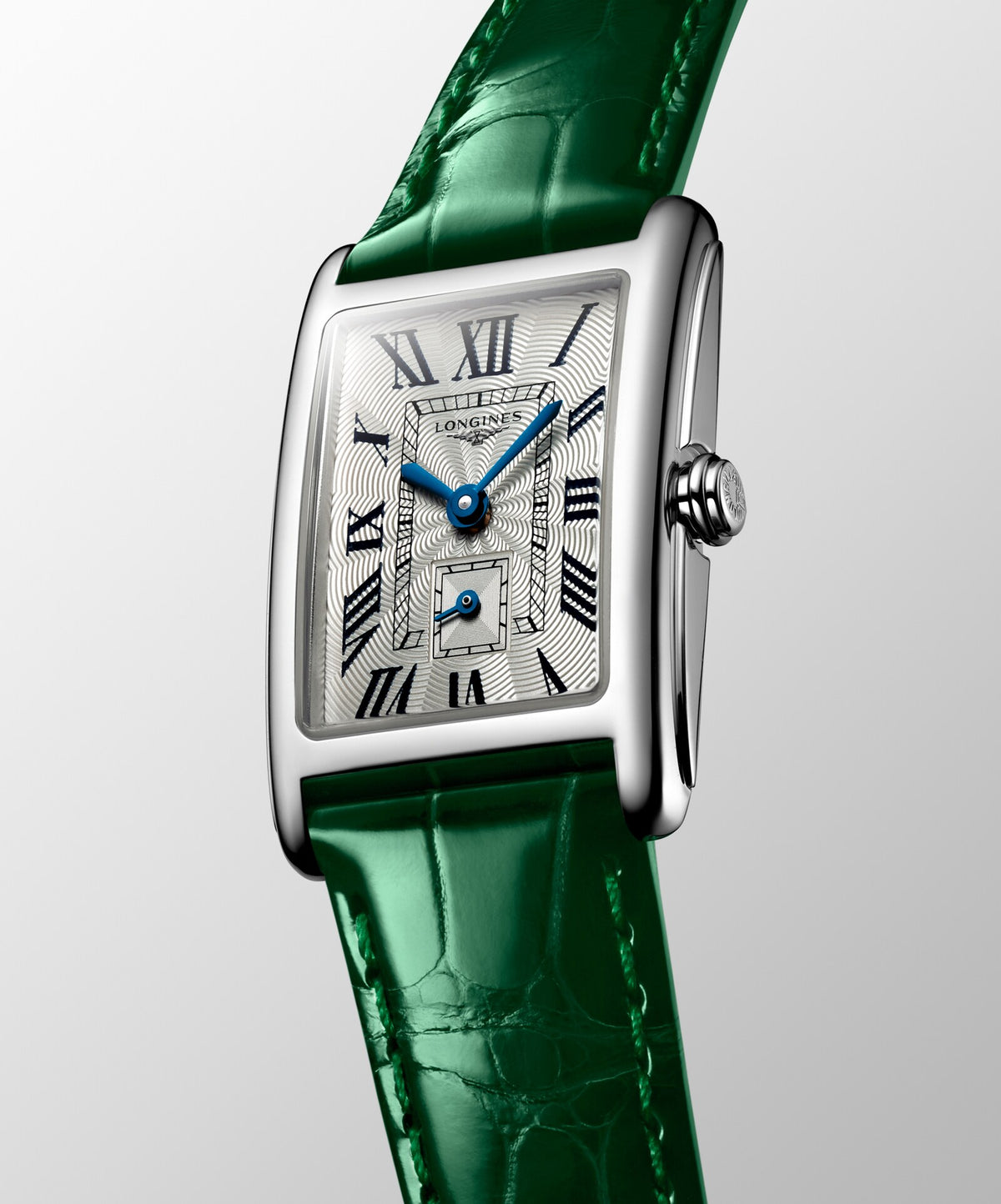 [SIMCHA-OFFICIAL-GALLERY:L5.255.4.71.A:05] Longines DolceVita 20.80 x 32.00mm Quartz Silver "flinqué" Dial Green Alligator Strap Watch — official gallery view 5