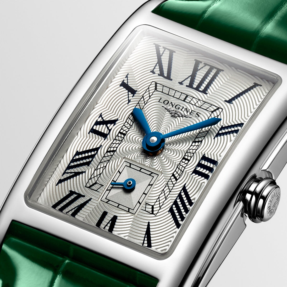 [SIMCHA-OFFICIAL-GALLERY:L5.255.4.71.A:02] Longines DolceVita 20.80 x 32.00mm Quartz Silver "flinqué" Dial Green Alligator Strap Watch — official gallery view 2