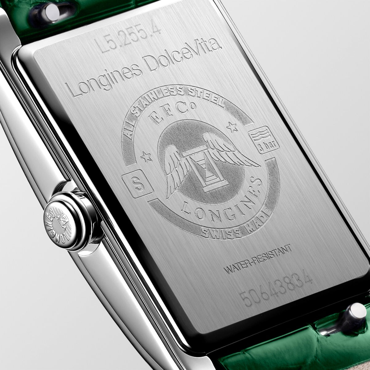 [SIMCHA-OFFICIAL-GALLERY:L5.255.4.71.A:04] Longines DolceVita 20.80 x 32.00mm Quartz Silver "flinqué" Dial Green Alligator Strap Watch — official gallery view 4
