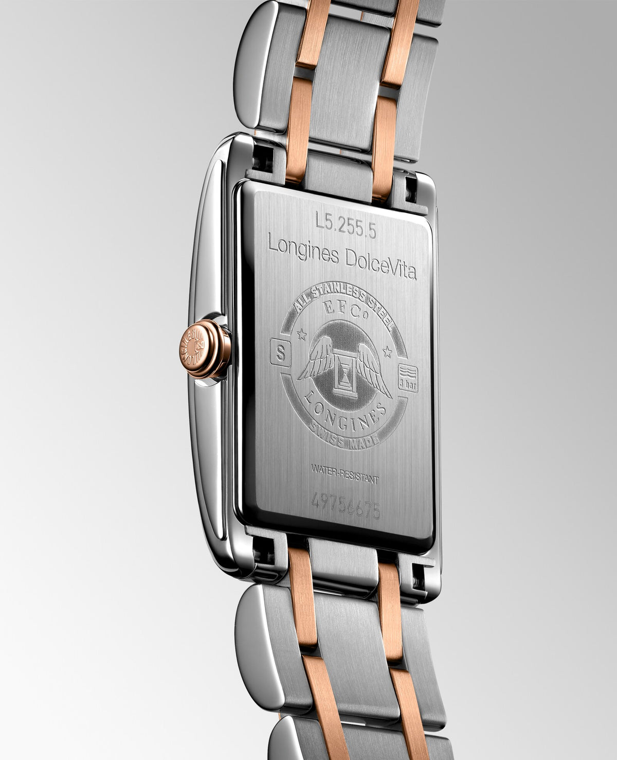 [SIMCHA-OFFICIAL-GALLERY:L5.255.5.71.7:06] Longines DolceVita 20.80 x 32.00mm Quartz Silver "flinqué" Dial Stainless Steel and Rose Gold Bracelet Watch — official gallery view 6