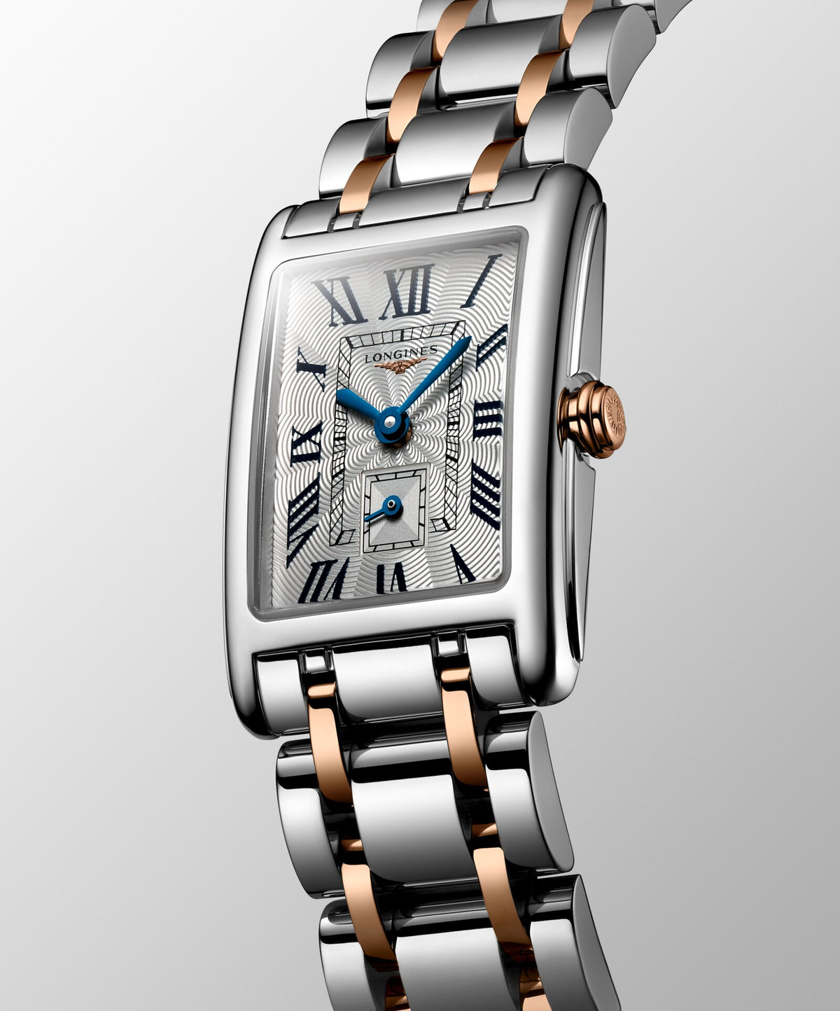 [SIMCHA-OFFICIAL-GALLERY:L5.255.5.71.7:04] Longines DolceVita 20.80 x 32.00mm Quartz Silver "flinqué" Dial Stainless Steel and Rose Gold Bracelet Watch — official gallery view 4