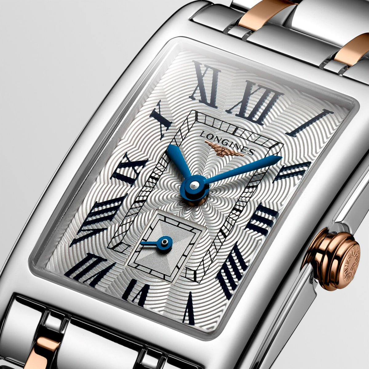 [SIMCHA-OFFICIAL-GALLERY:L5.255.5.71.7:02] Longines DolceVita 20.80 x 32.00mm Quartz Silver "flinqué" Dial Stainless Steel and Rose Gold Bracelet Watch — official gallery view 2