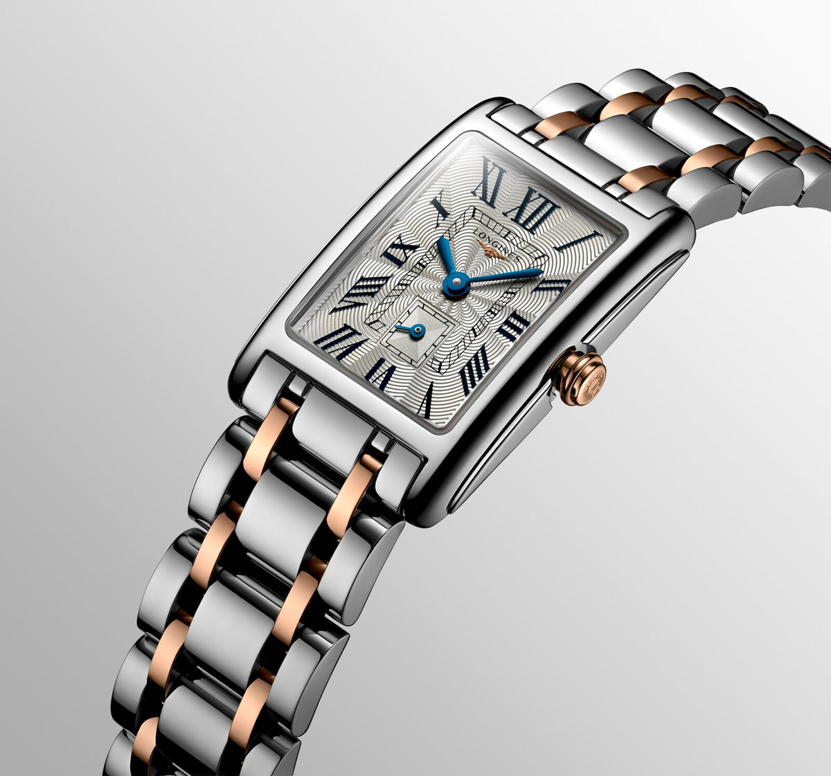 [SIMCHA-OFFICIAL-GALLERY:L5.255.5.71.7:07] Longines DolceVita 20.80 x 32.00mm Quartz Silver "flinqué" Dial Stainless Steel and Rose Gold Bracelet Watch — official gallery view 7