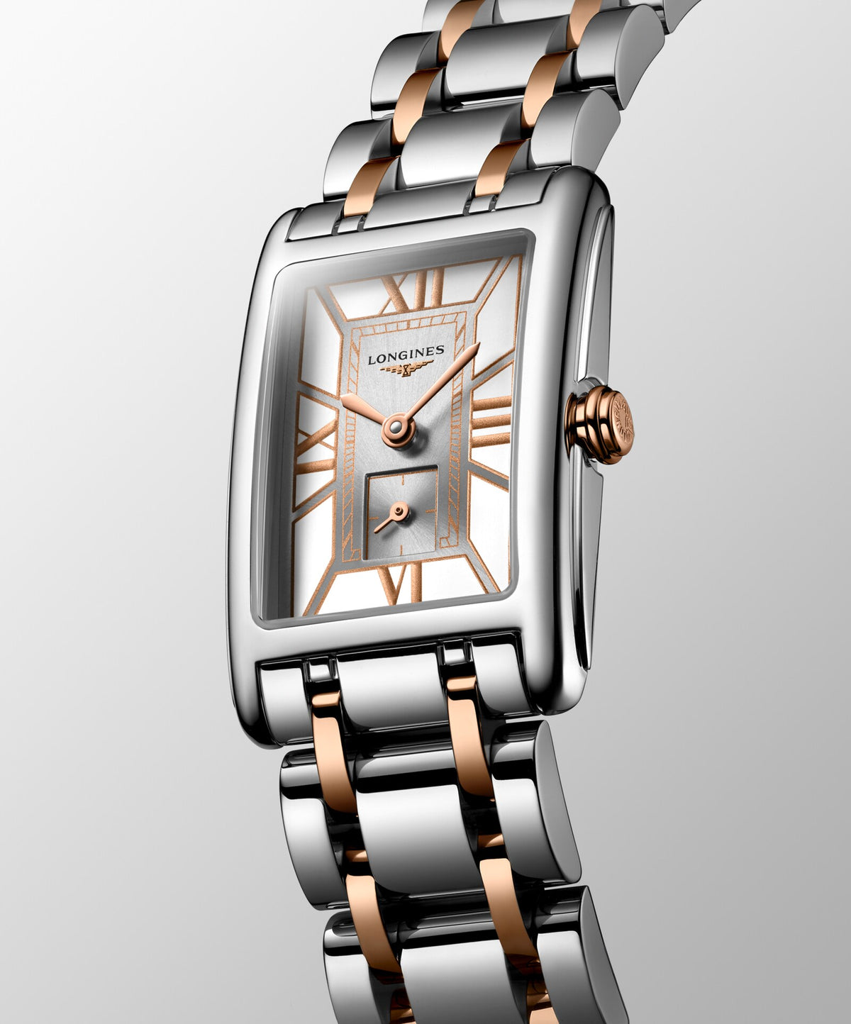 [SIMCHA-OFFICIAL-GALLERY:L5.255.5.75.7:04] Longines DolceVita 20.80 x 32.00mm Quartz White Dial Stainless Steel and Rose Gold Bracelet Watch — official gallery view 4
