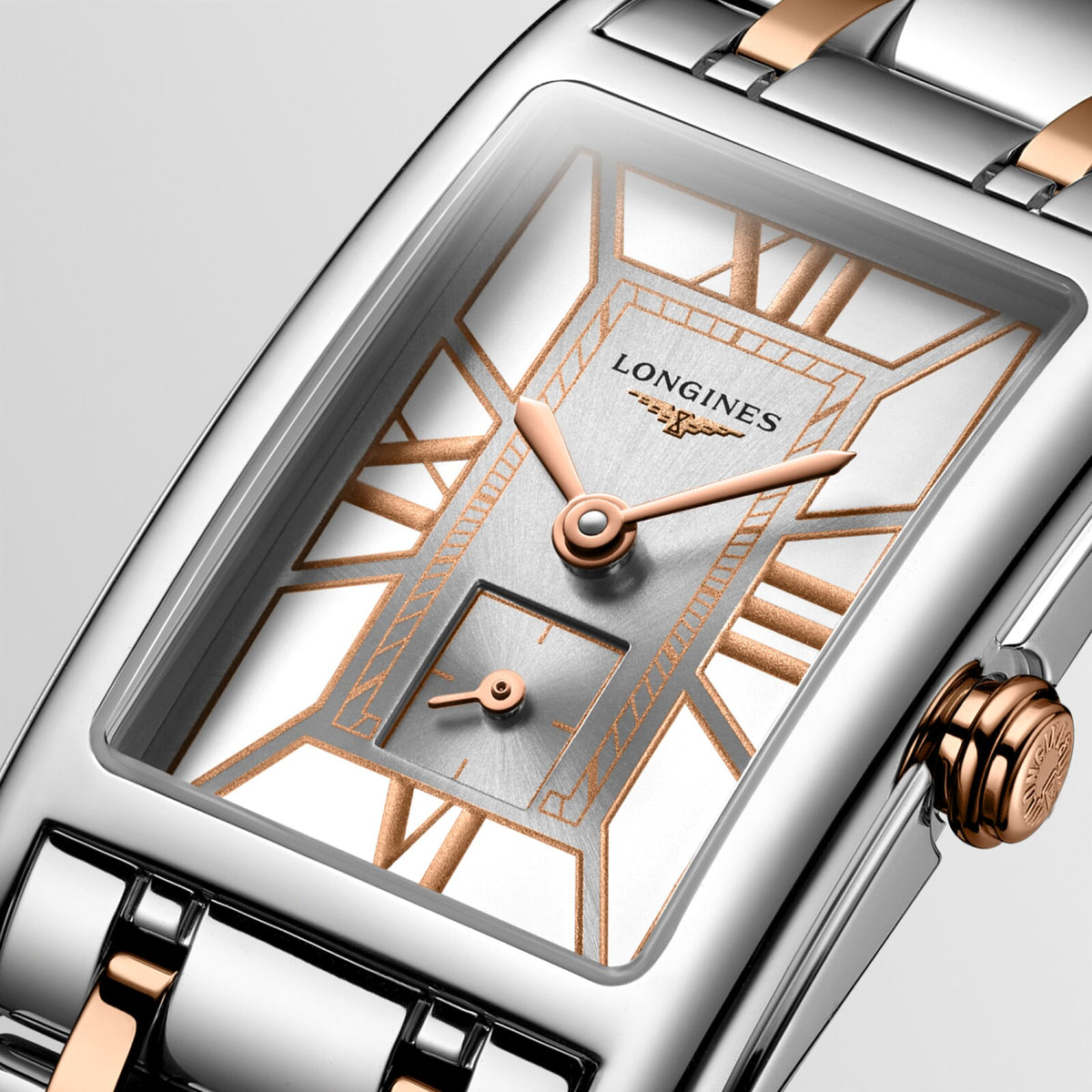 [SIMCHA-OFFICIAL-GALLERY:L5.255.5.75.7:02] Longines DolceVita 20.80 x 32.00mm Quartz White Dial Stainless Steel and Rose Gold Bracelet Watch — official gallery view 2