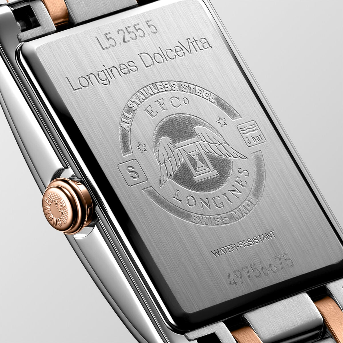 [SIMCHA-OFFICIAL-GALLERY:L5.255.5.75.7:03] Longines DolceVita 20.80 x 32.00mm Quartz White Dial Stainless Steel and Rose Gold Bracelet Watch — official gallery view 3