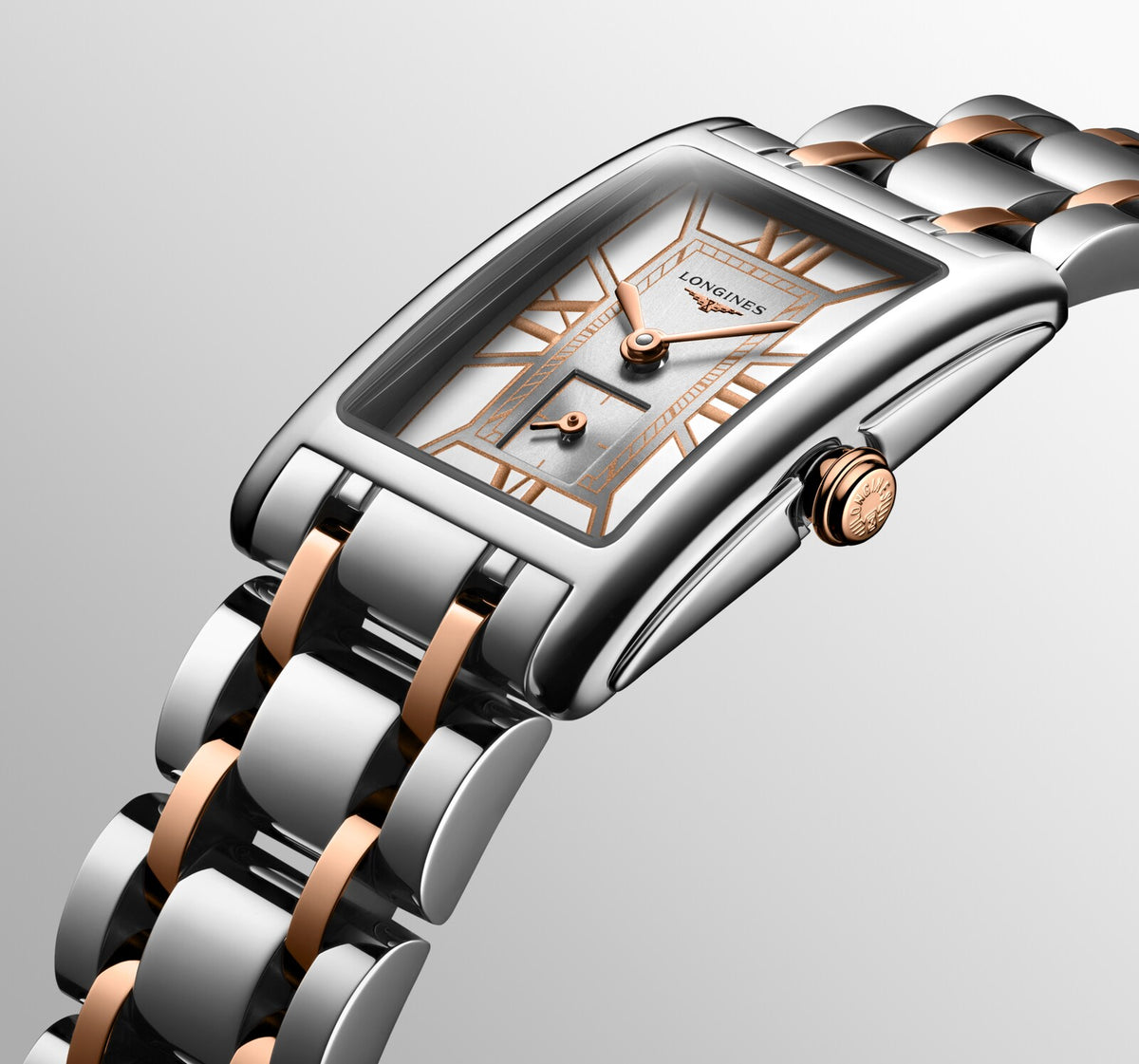 [SIMCHA-OFFICIAL-GALLERY:L5.255.5.75.7:06] Longines DolceVita 20.80 x 32.00mm Quartz White Dial Stainless Steel and Rose Gold Bracelet Watch — official gallery view 6