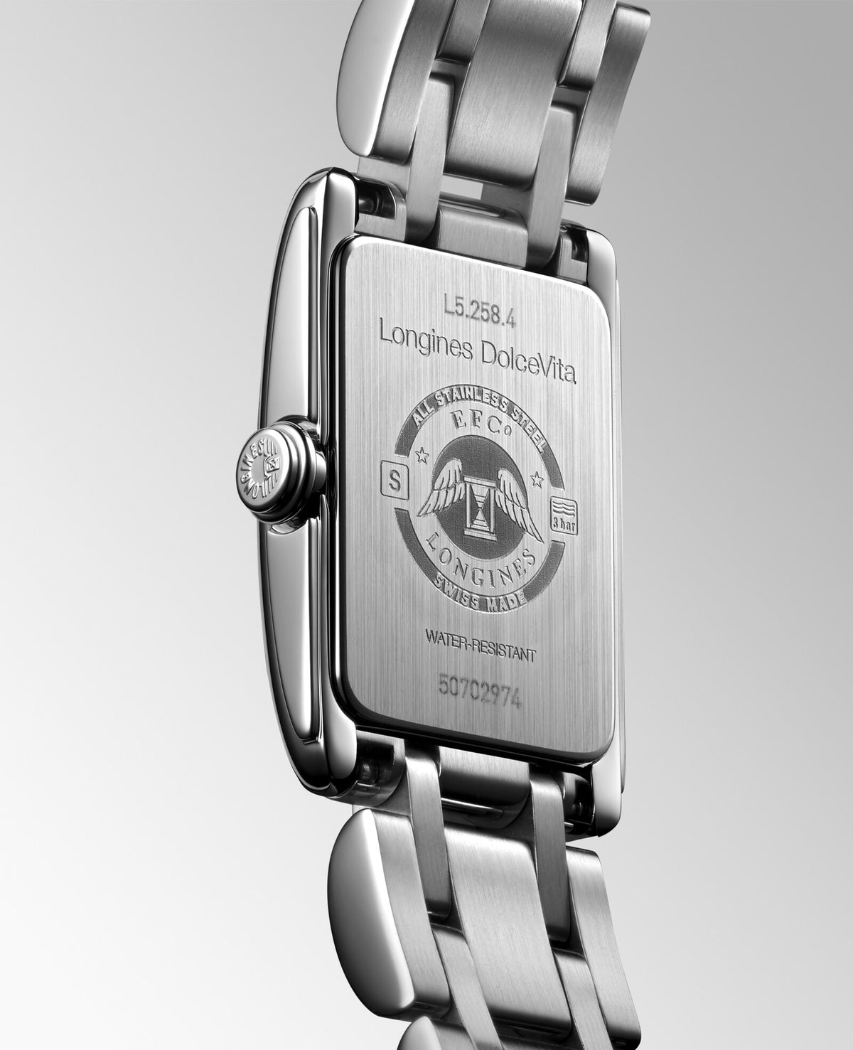 [SIMCHA-OFFICIAL-GALLERY:L5.258.4.71.6:04] Longines DolceVita 17.70 x 27.00mm Quartz Silver "flinqué" Dial Stainless Steel Bracelet Watch — official gallery view 4