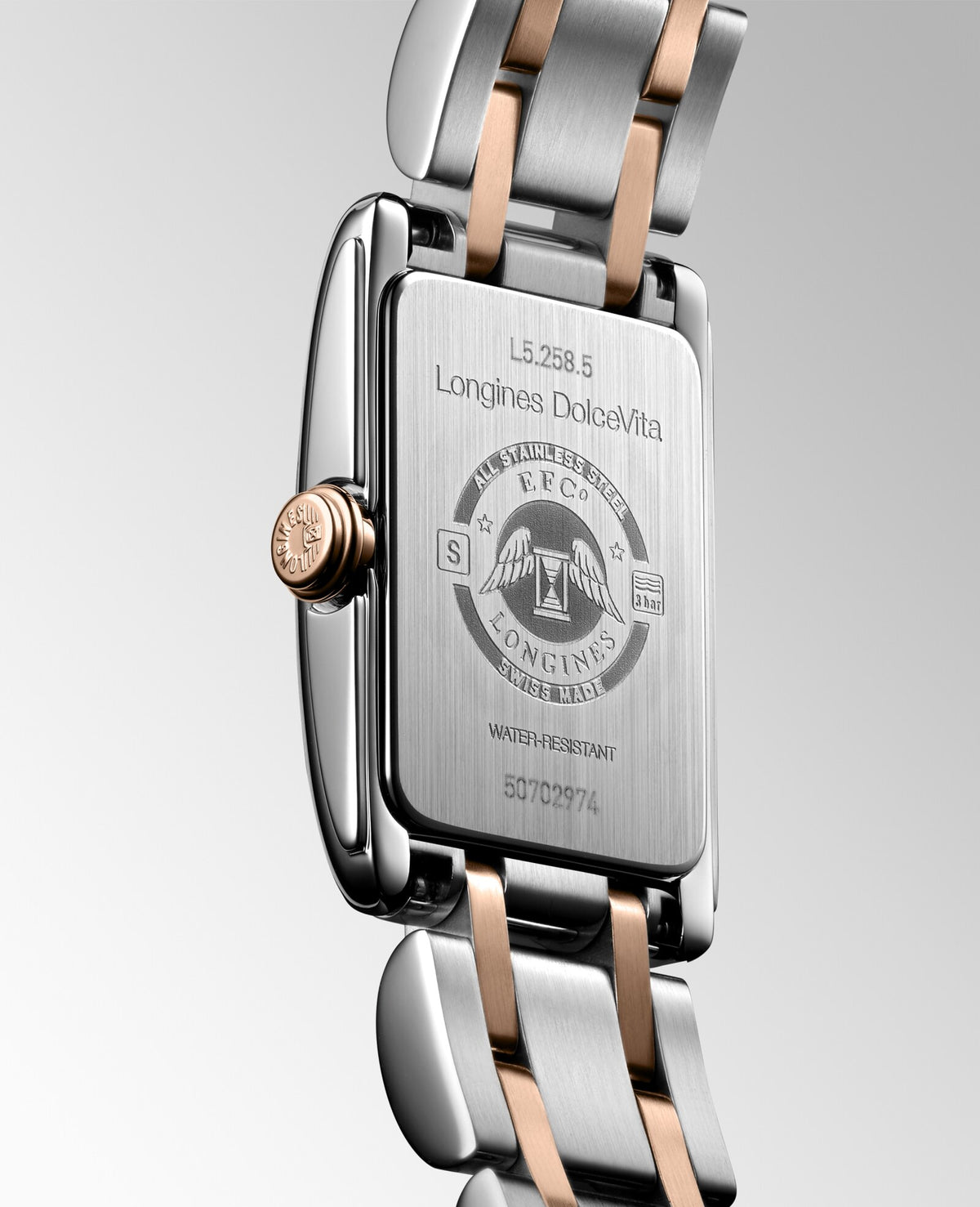[SIMCHA-OFFICIAL-GALLERY:L5.258.5.71.7:05] Longines DolceVita 17.70 x 27.00mm Quartz Silver "flinqué" Dial Stainless Steel and Rose Gold Bracelet Watch — official gallery view 5