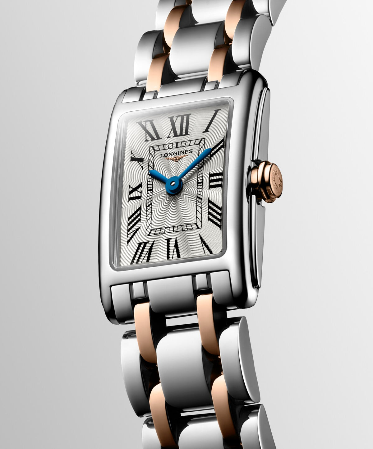 [SIMCHA-OFFICIAL-GALLERY:L5.258.5.71.7:04] Longines DolceVita 17.70 x 27.00mm Quartz Silver "flinqué" Dial Stainless Steel and Rose Gold Bracelet Watch — official gallery view 4