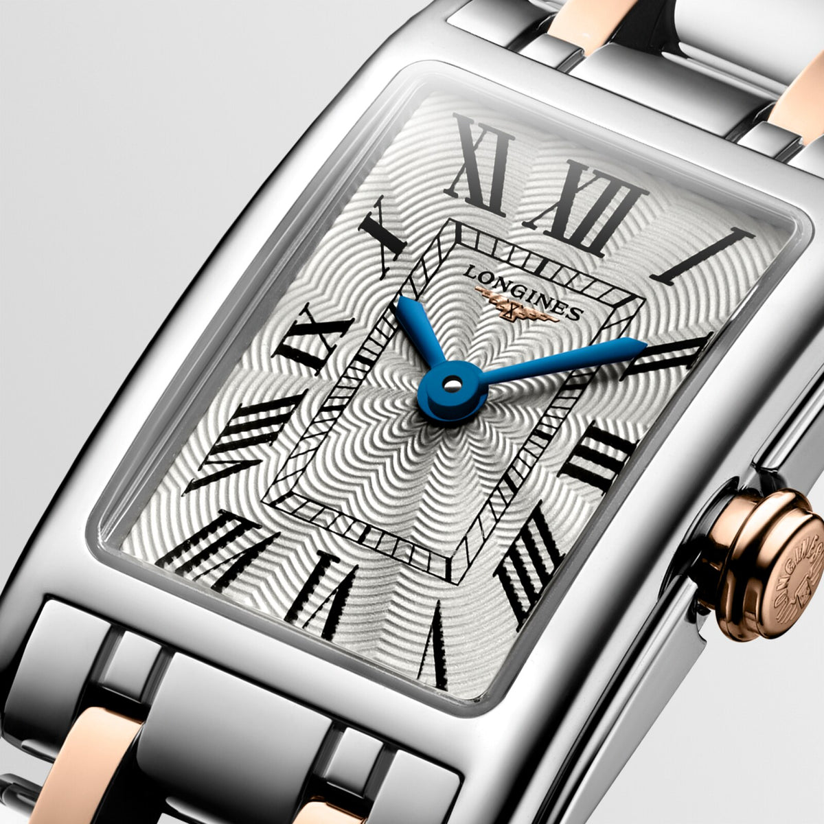 [SIMCHA-OFFICIAL-GALLERY:L5.258.5.71.7:02] Longines DolceVita 17.70 x 27.00mm Quartz Silver "flinqué" Dial Stainless Steel and Rose Gold Bracelet Watch — official gallery view 2