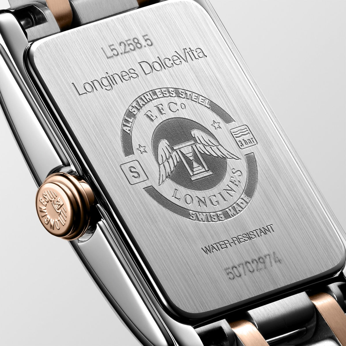 [SIMCHA-OFFICIAL-GALLERY:L5.258.5.71.7:03] Longines DolceVita 17.70 x 27.00mm Quartz Silver "flinqué" Dial Stainless Steel and Rose Gold Bracelet Watch — official gallery view 3