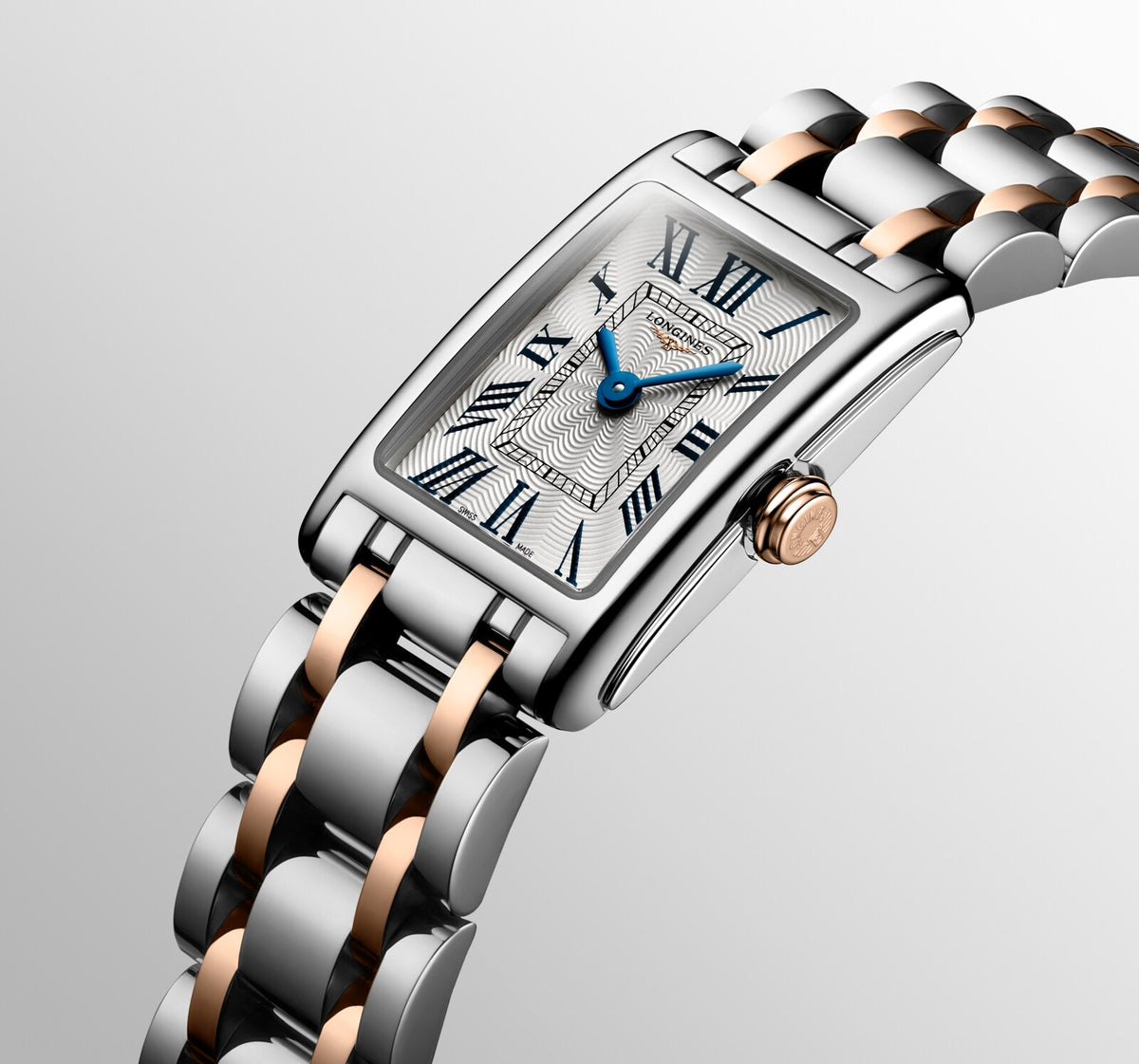 [SIMCHA-OFFICIAL-GALLERY:L5.258.5.71.7:06] Longines DolceVita 17.70 x 27.00mm Quartz Silver "flinqué" Dial Stainless Steel and Rose Gold Bracelet Watch — official gallery view 6