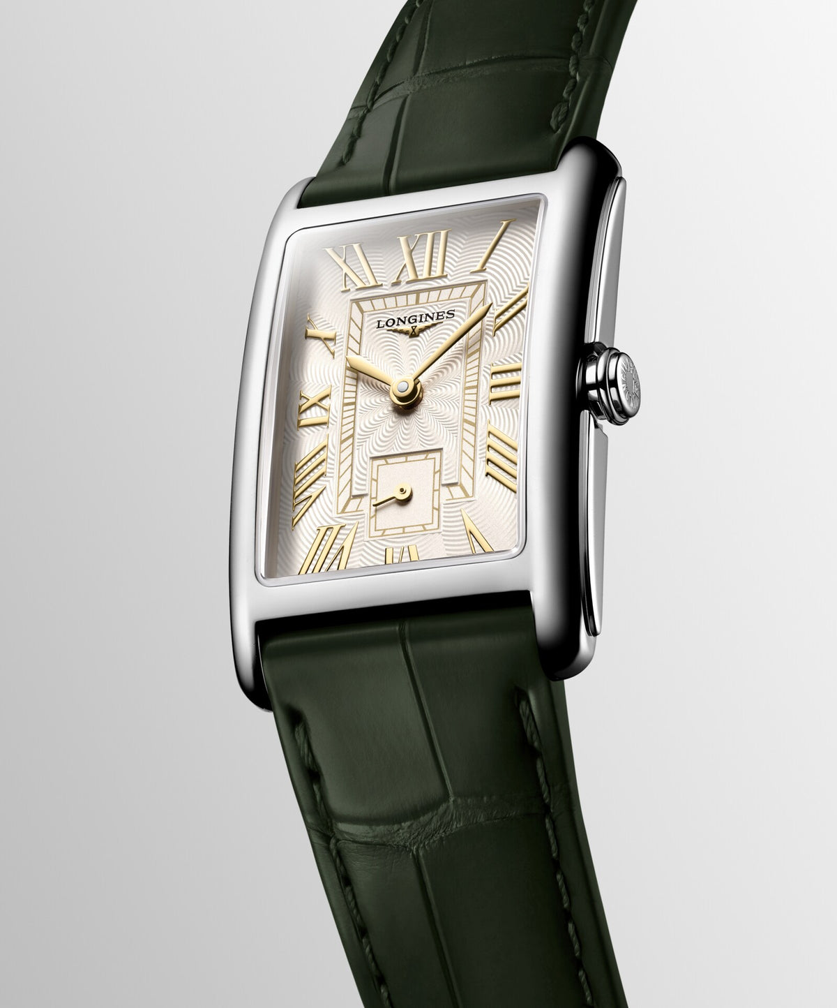 [SIMCHA-OFFICIAL-GALLERY:L5.512.4.08.2:04] Longines DolceVita 23.30 x 37.00mm Quartz Ivory Gilt "flinqué" Dial Olive Green Alligator Strap Watch — official gallery view 4