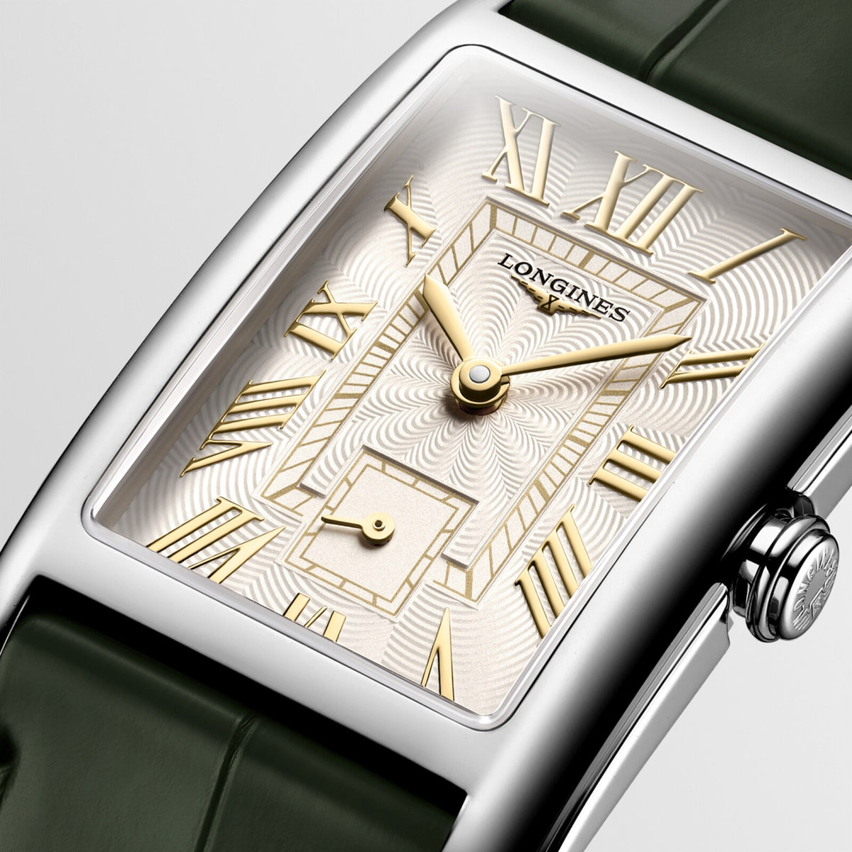 [SIMCHA-OFFICIAL-GALLERY:L5.512.4.08.2:02] Longines DolceVita 23.30 x 37.00mm Quartz Ivory Gilt "flinqué" Dial Olive Green Alligator Strap Watch — official gallery view 2