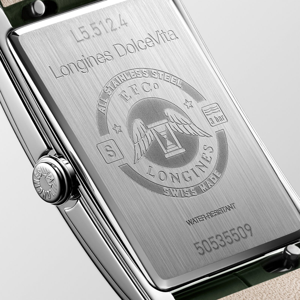 [SIMCHA-OFFICIAL-GALLERY:L5.512.4.08.2:03] Longines DolceVita 23.30 x 37.00mm Quartz Ivory Gilt "flinqué" Dial Olive Green Alligator Strap Watch — official gallery view 3
