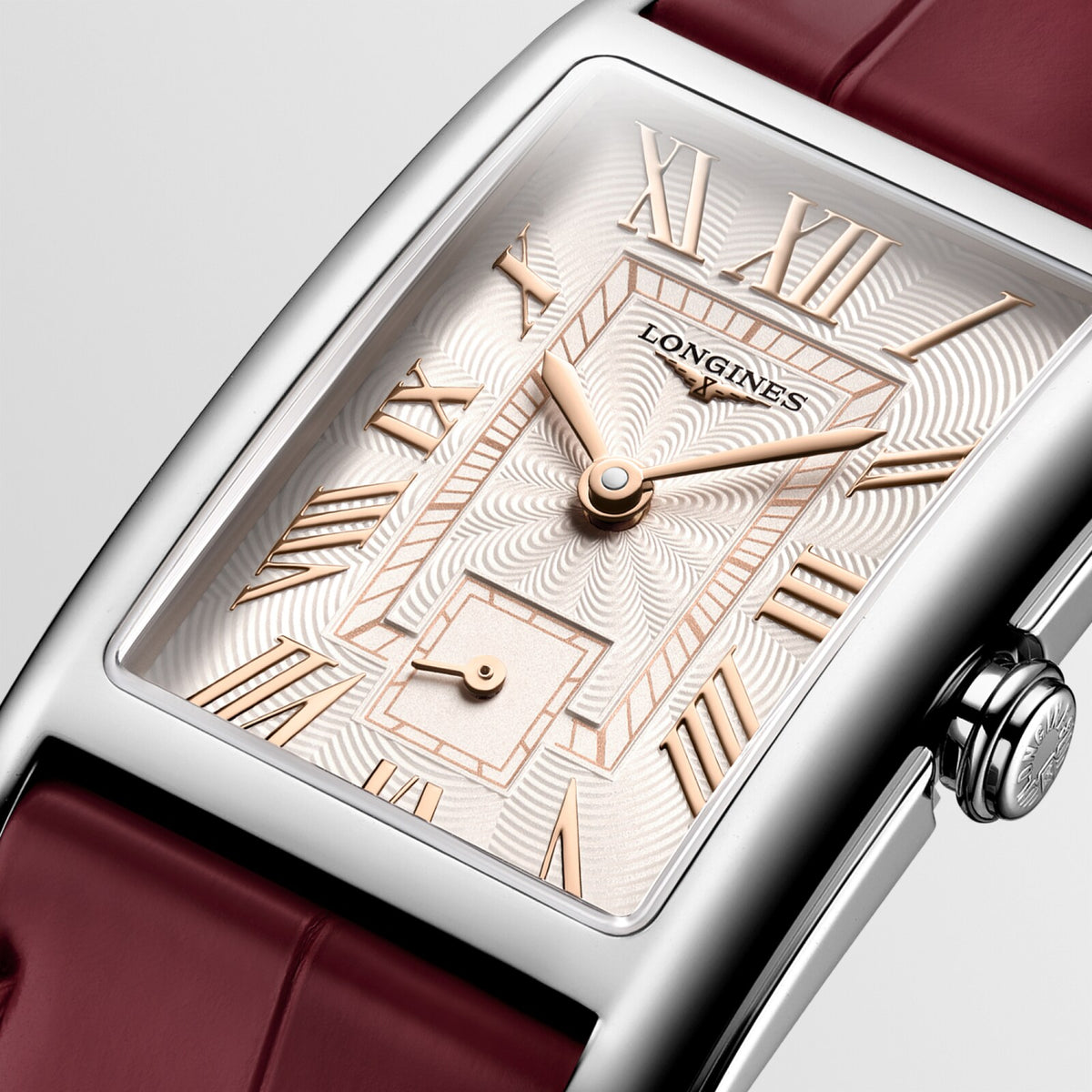 Longines DolceVita 23.30 x 37.00mm Quartz Ivory Rose "flinqué" Dial Maple Red Alligator Strap Watch