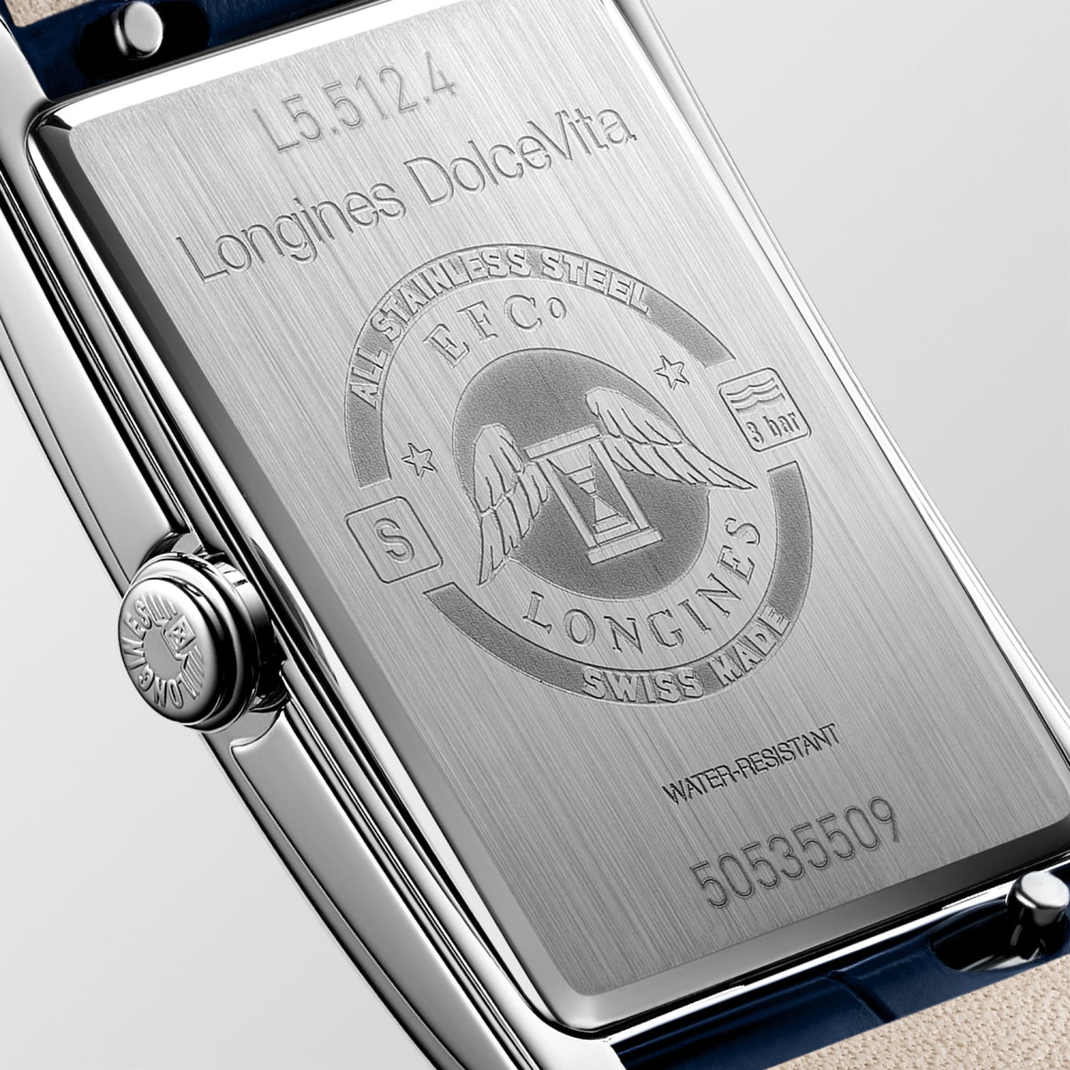 Longines DolceVita 23.30 x 37.00mm Quartz Silver "flinqué" Dial Midnight Blue Alligator Strap Watch