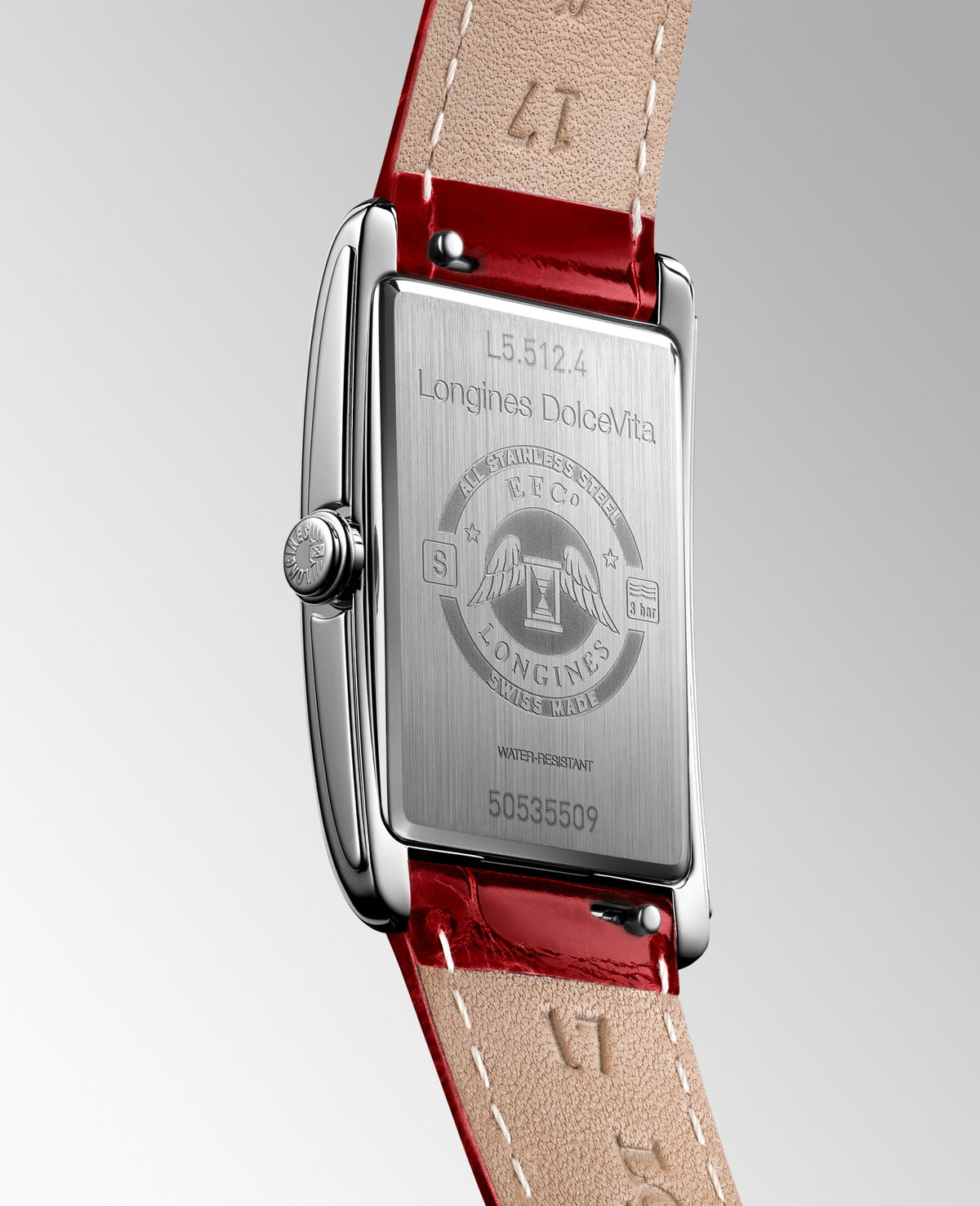 [SIMCHA-OFFICIAL-GALLERY:L5.512.4.71.5:07] Longines DolceVita 23.30 x 37.00mm Quartz Silver "flinqué" Dial Red Alligator Strap Watch — official gallery view 7