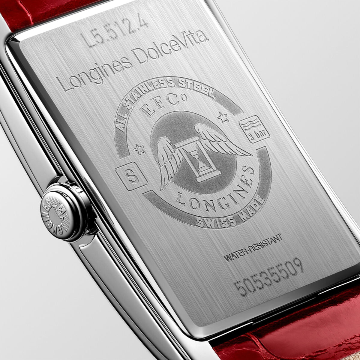 [SIMCHA-OFFICIAL-GALLERY:L5.512.4.71.5:04] Longines DolceVita 23.30 x 37.00mm Quartz Silver "flinqué" Dial Red Alligator Strap Watch — official gallery view 4