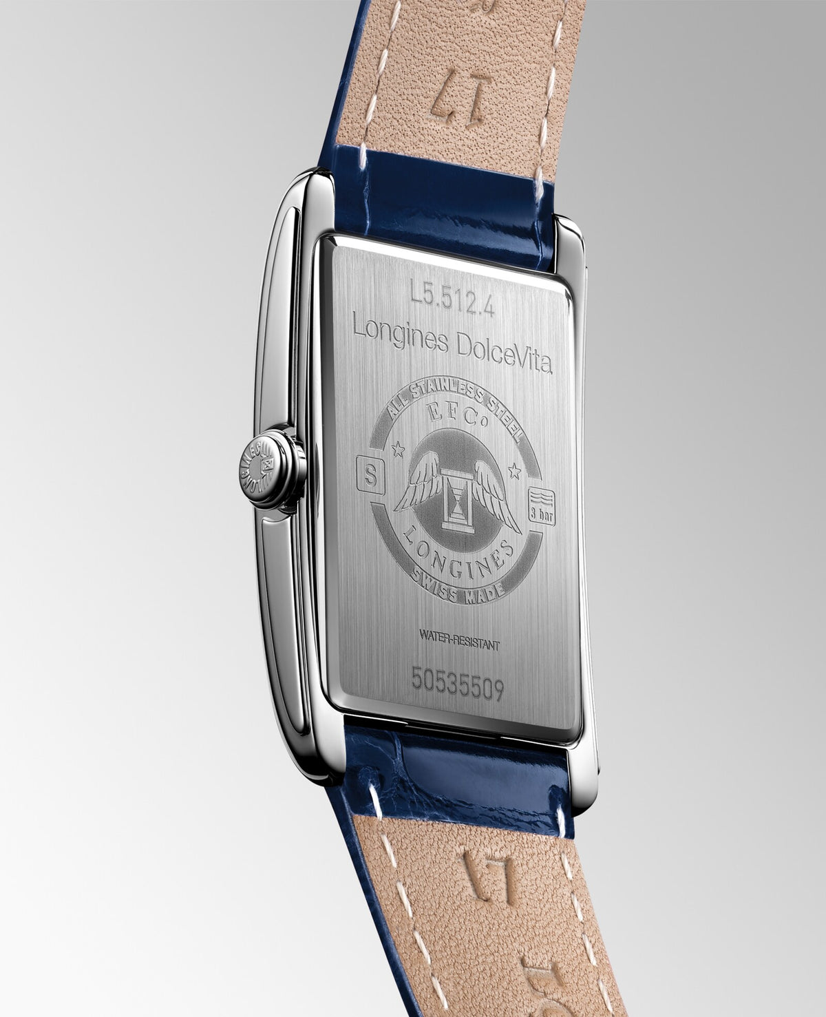 [SIMCHA-OFFICIAL-GALLERY:L5.512.4.71.7:05] Longines DolceVita 23.30 x 37.00mm Quartz Silver "flinqué" Dial Blue Alligator Strap Watch — official gallery view 5