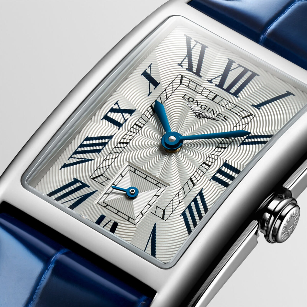 [SIMCHA-OFFICIAL-GALLERY:L5.512.4.71.7:02] Longines DolceVita 23.30 x 37.00mm Quartz Silver "flinqué" Dial Blue Alligator Strap Watch — official gallery view 2