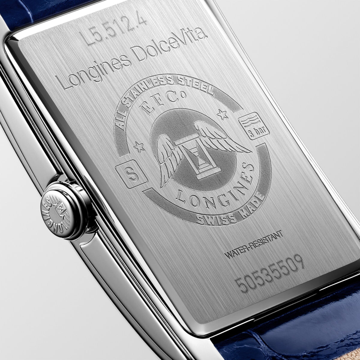 [SIMCHA-OFFICIAL-GALLERY:L5.512.4.71.7:03] Longines DolceVita 23.30 x 37.00mm Quartz Silver "flinqué" Dial Blue Alligator Strap Watch — official gallery view 3