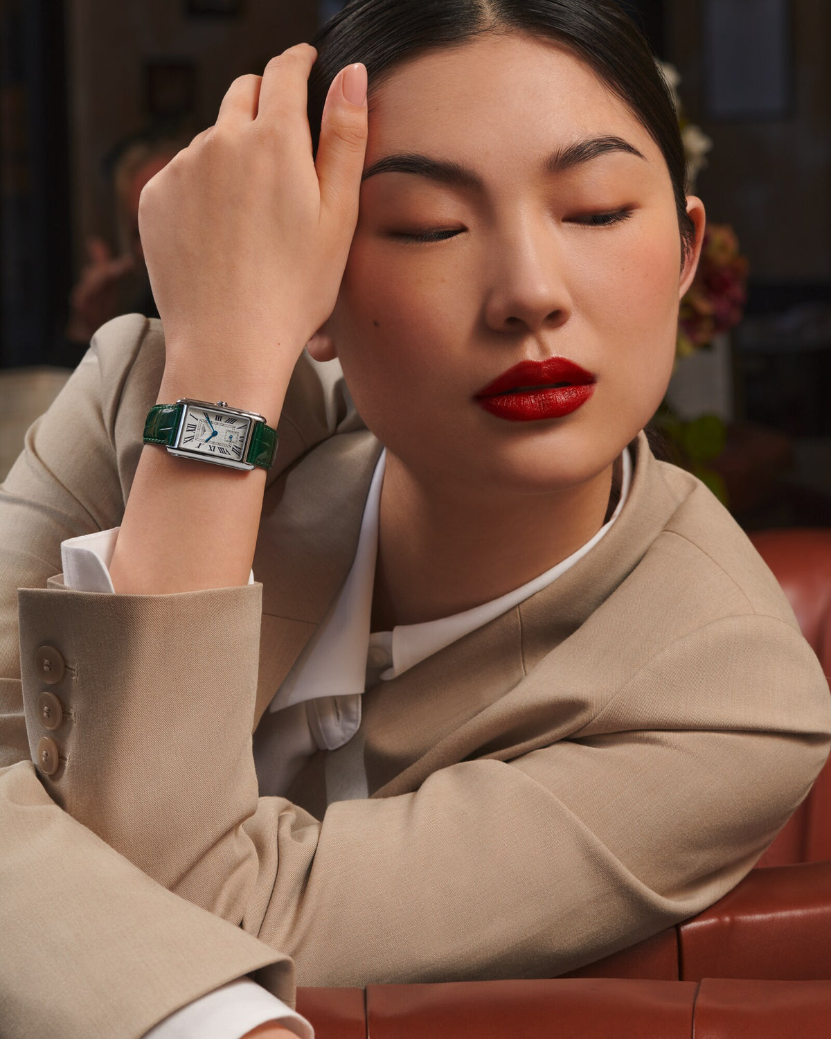 [SIMCHA-OFFICIAL-GALLERY:L5.512.4.71.A:03] Longines DolceVita 23.30 x 37.00mm Quartz Silver "flinqué" Dial Green Alligator Strap Watch — official gallery view 3