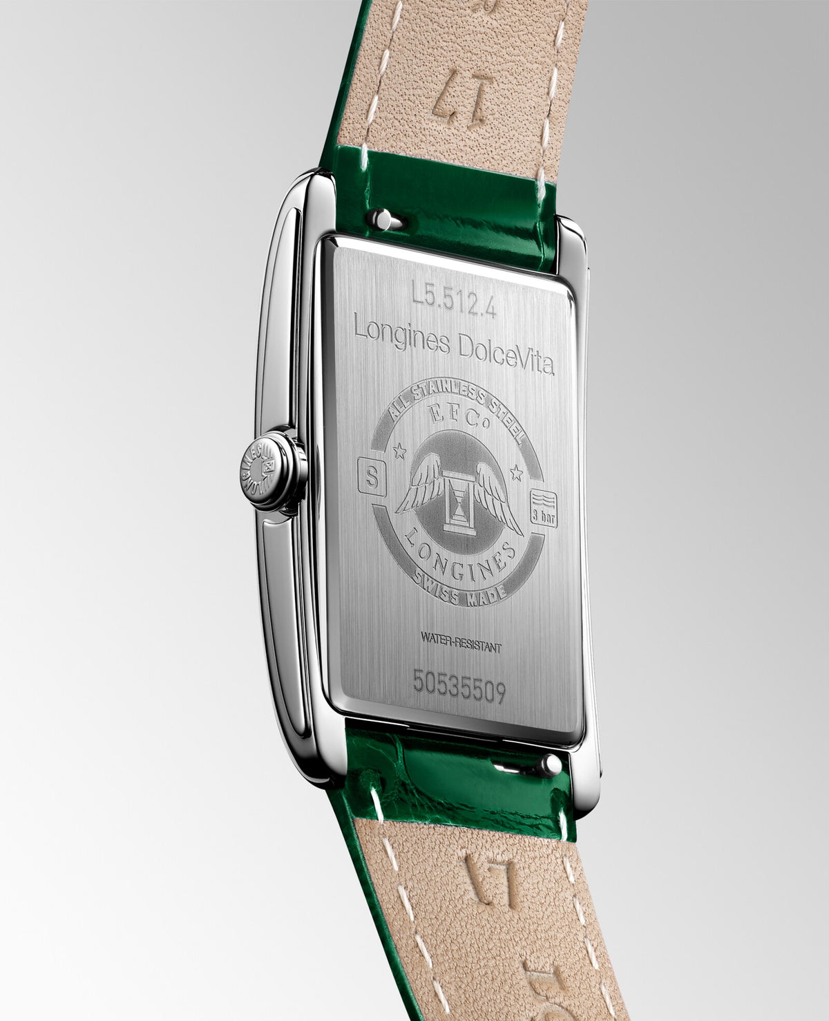 [SIMCHA-OFFICIAL-GALLERY:L5.512.4.71.A:07] Longines DolceVita 23.30 x 37.00mm Quartz Silver "flinqué" Dial Green Alligator Strap Watch — official gallery view 7