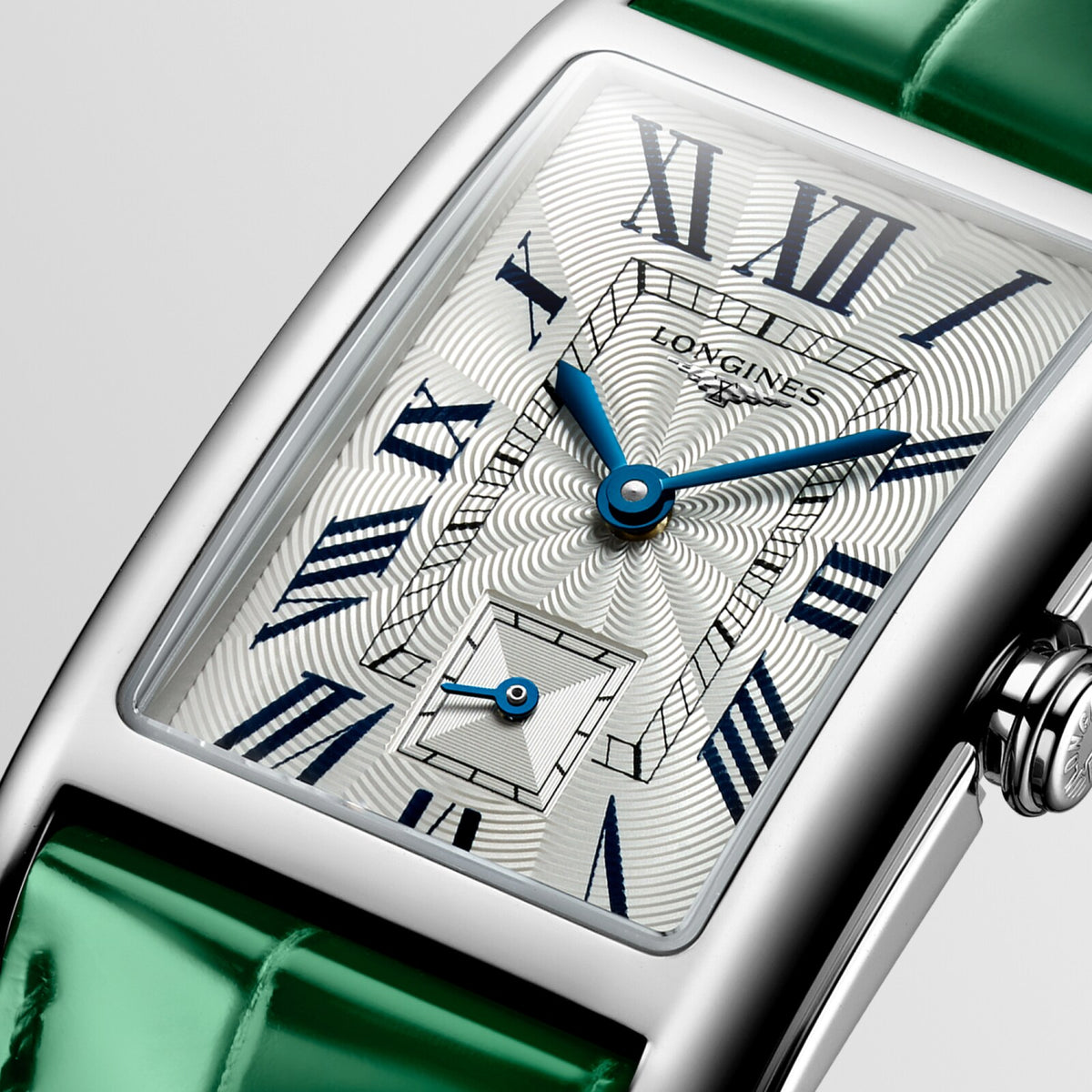 [SIMCHA-OFFICIAL-GALLERY:L5.512.4.71.A:02] Longines DolceVita 23.30 x 37.00mm Quartz Silver "flinqué" Dial Green Alligator Strap Watch — official gallery view 2