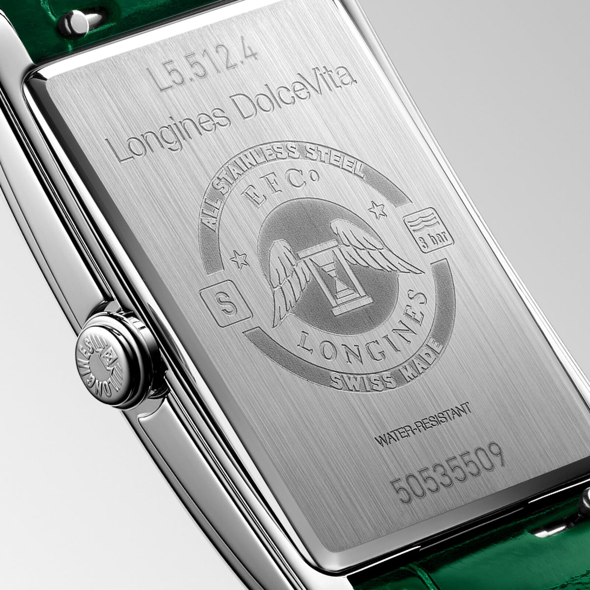 [SIMCHA-OFFICIAL-GALLERY:L5.512.4.71.A:04] Longines DolceVita 23.30 x 37.00mm Quartz Silver "flinqué" Dial Green Alligator Strap Watch — official gallery view 4