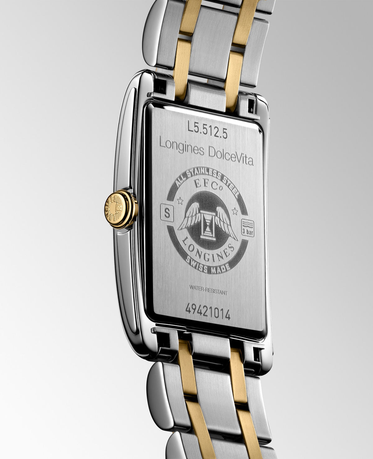 [SIMCHA-OFFICIAL-GALLERY:L5.512.5.70.7:05] Longines DolceVita 23.30 x 37.00mm Quartz Silver "flinqué" Dial Yellow Stainless Steel and Yellow Gold Bracelet Watch — official gallery view 5