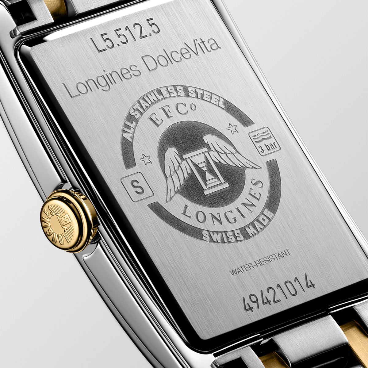 [SIMCHA-OFFICIAL-GALLERY:L5.512.5.70.7:03] Longines DolceVita 23.30 x 37.00mm Quartz Silver "flinqué" Dial Yellow Stainless Steel and Yellow Gold Bracelet Watch — official gallery view 3