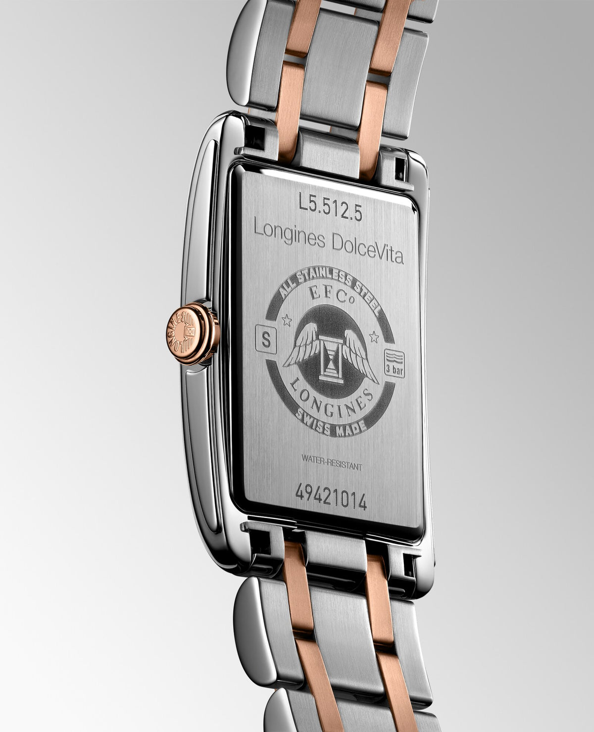 [SIMCHA-OFFICIAL-GALLERY:L5.512.5.71.7:07] Longines DolceVita 23.30 x 37.00mm Quartz Silver "flinqué" Dial Stainless Steel and Rose Gold Bracelet Watch — official gallery view 7